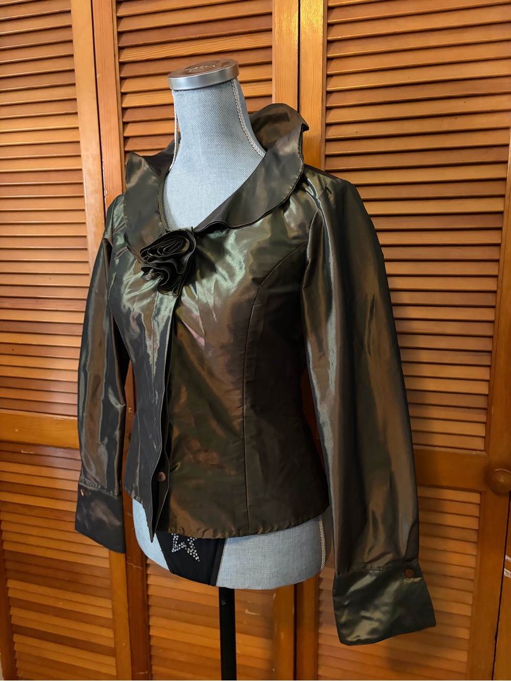 JÔN Olive Green Duotone Satin Blouse with Rosette Accent